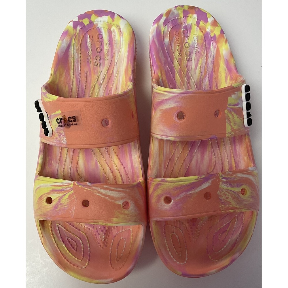 NWOB Women's Classic Crocs Slides Orange Papaya Tye Dye‎ Size 12 M